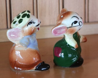 Vintage Mouse Mice Unique Salt & Pepper SHAKERS Pair - French Beret Glasses Porcelain 1960s Figurines Retro Mid Century Modern Animal Nature