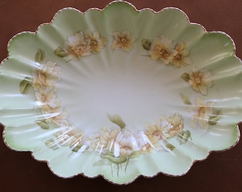 Beautiful Antique Bavarian Limoges Yellow Peony Flowers Vintage Hand Painted Large Green Decorative Bowl - Cottage Chic - Gold Plated Trim