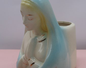 Vintage Praying Virgin Mary Madonna Pottery Head Vase Planter - White & Blue - Shawnee McCoy USA - Catholic Christian Religious 5.25&quot; Tall