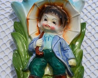 Vintage Colorful Adorable BOY with Umbrella Figural Planter Collectible Little Boy Blue Rainy Day Retro Plant Decor Unique Shabby Chic