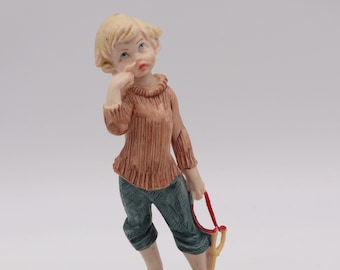 Vintage Depose Italy 5" Little Blonde BOY with Slingshot Sling Shot Figurine Fontanini Simonetti Marble Base Shabby Cottage Chic Collectible