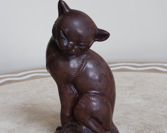 Unique Vintage Large 11" Tall Chocolate Brown CAT Heavy Figurine Sculpture Collectible Siamese - Mid Century Modern Sleek Eames Style