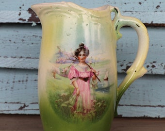 Antique Vintage Victorian LADY Porcelain Figural Figurine Little Pink and Green CREAMER Pitcher Cottage Chic Unique Eclectic