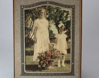Real Victorian Beautiful Woman & Daughter "Mother's Day" Basket of Roses Large Cabinet Card PORTRAIT PHOTO Interesting Fashion Bows Dresses