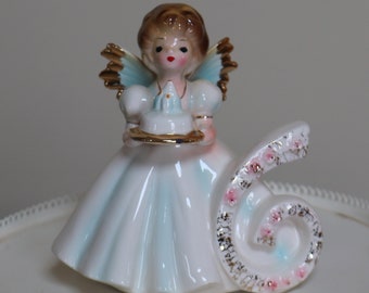 Vintage Porcelain 6th Turning 6 BIRTHDAY Figurine Josef Originals Little Girl Angel Doll Cake Topper Gift Cake Dress Gold Trim Cottage Chic