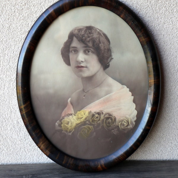 Antique Tiger Wood Oval Frame VINTAGE PHOTO Beautiful Woman Bride Roses Bouquet Bride Party Dress Victorian Great Gatsby Downton Abbey Decor