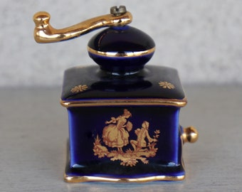 Darling Vintage Miniature LIMOGES France Porcelain Cobalt Blue & Gold Gilded Coffee Grinder RARE Collectible - Courting Couple- 2 1/4" Tall