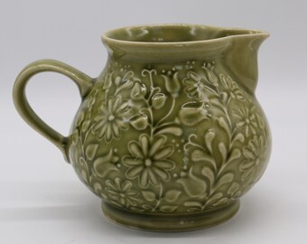 Vintage 1970s Nostalgia Avocado Green Floral Pitcher - Can be a little succulent planter, too! Mid Century Modern Flora Collectible