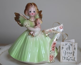 Vintage Porcelain 7th Turning 7 BIRTHDAY Figurine Josef Originals Little Girl Angel Doll Cake Topper Gift Chartreuse Green Dress Gold Trim