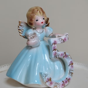 Vintage Porcelain 5th Turning 5 BIRTHDAY Figurine Josef Originals Little Girl Angel Cake Topper Gift Blue Dress Gold Trim Retro Cottage Chic