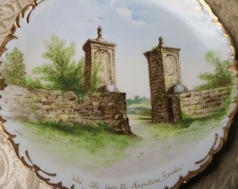 Lovely Antique Old City Gate ST. AUGUSTINE Florida Plate LIMOGES France - Hand Painted 9 inch - Gold Trim Victorian Scalloped Edges