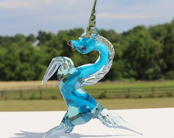 Vintage Retro Mid Century Modern Electric BLUE UNICORN Glass SCULPTURE Paperweight Figurine Eames Murano Prancing Crystal Collectible