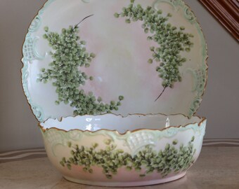 Gorgeous Vintage Unique Large Porcelain Serving Bowl & Charger Plate - Victorian Pink Green Cotton Flowers Cottage Chic Shabby Hand-Painted