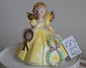 Vintage Porcelain 8th Turning 8 BIRTHDAY Figurine Josef Originals Little Girl Angel Cake Topper Gift Yellow Dress Gold Trim Cottage Chic