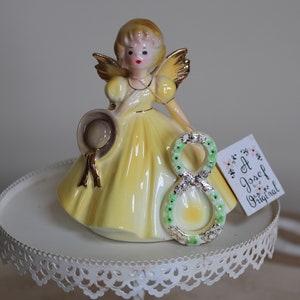 Vintage Porcelain 8th Turning 8 BIRTHDAY Figurine Josef Originals Little Girl Angel Cake Topper Gift Yellow Dress Gold Trim Cottage Chic