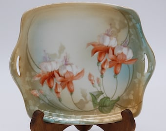 Antique Hand Painted Decorative Trinket Plate Shabby Cottage Chic ORANGE Queen & WHITE FUCHSIA Flowers Floral Gold Plated Trim Handled Edge
