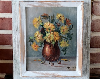 Vintage Yellow Daisy Daisies Oil PAINTING Framed Art - Artist Signed Martan Rustic Distressed Wood Frame MCM Mid Century Modern - Wall Decor