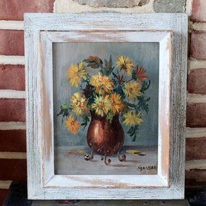 Vintage Yellow Daisy Daisies Oil PAINTING Framed Art - Artist Signed Martan Rustic Distressed Wood Frame MCM Mid Century Modern - Wall Decor