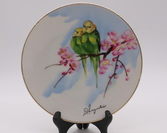 Lovely Vintage Hand Painted Parakeets Parrot Bird Pair on Pink Dogwood Flower Branch 6.25" Plate -  Tropical Cottage Chic - Gold Trim Edge