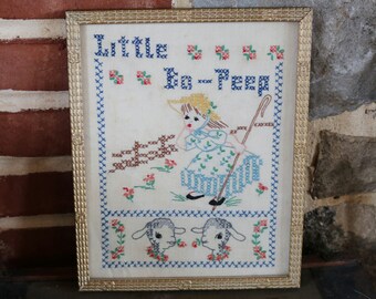 LITTLE BO-PEEP Vintage Cross-Stitch Embroidery Lamb Sheep Handstitched Sampler - Framed 9 x 11" Decor Baby Nursery/Child Room Nursery Rhymes