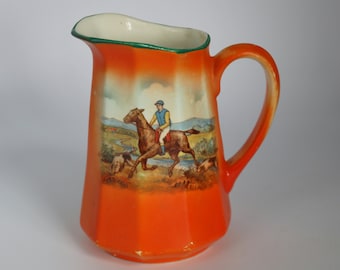 Vintage Orange Jockey Horse Rider Hunting Dogs Porcelain Figurine Collectible CREAMER Little Pitcher Color Pop! - Art Retro Czechoslovakia