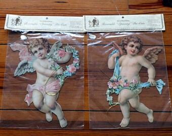 2 Large 9.5" Reversible Spinning VALENTINE'S DAY Die Cut Greetings CHERUB Cupid Card Baby Shower Hanging Decoration Ornament Victorian Style