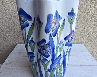Large 8" IRIS Art Pottery VASE - Vintage Japan Ceramic Blue White Green Floral Mid Century Modern Cottage Chic USA