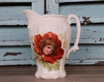 Vintage Victorian Style Porcelain Beautiful Lady Surrounded by Poppy Flower CREAMER Pitcher Cottage Chic Unique Eclectic