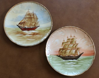 Vintage SAILBOAT Tall Mast Ships Pair Set - Porcelain Plates - Seashore Nautical Summer Beach House - Beautifully Hand Painted