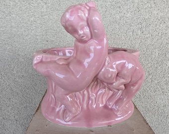Vintage Pink CHERUB Baby and Goat Kid  Figurine PLANTER Collectible Retro Decor Unique Shabby Cottage Chic 6" tall USA