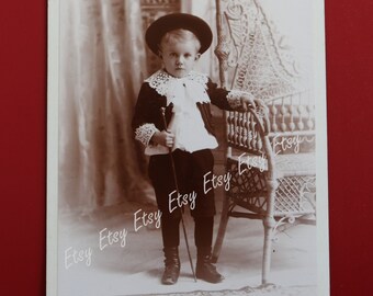 Real Victorian Portrait Photo Cabinet Card Interesting Fashion Adorable Little Boy Photograph in Knickers, Hat, Lace Trim Collar, Booties