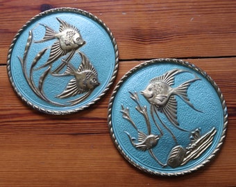 Vintage Mid Century Modern ANGEL FISH Wall Metal Sculpture Set Pair Plaque Collectible Gold on Turquoise Tropical Nautical Retro Decor