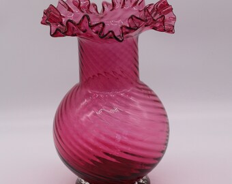 So Pretty! Vintage CRANBERRY Swirl FENTON VASE with Double Crimped Top- Vintage Art Glass - 8.5" Tall - So Pretty with Flowers - Lovely Gift