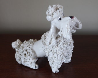 Vintage White Poodle Mid Century Modern Dog  4.5" Tall by 5.25" Wide Retro Spaghetti Porcelain Figurine Shabby Cottage Chic - Made in Italy