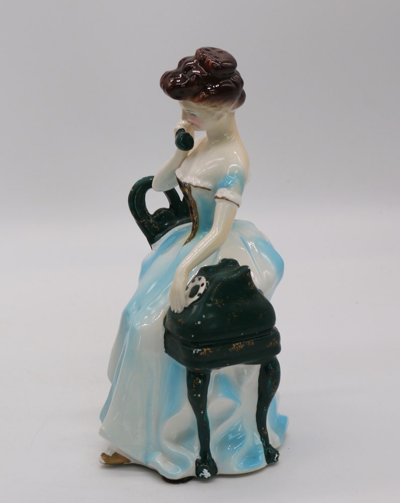 Figurine Shabby Cottage Chic Collectible Japan Unique Lovely Vintage Porcelain Lady Fancy Dress Glamour Girl Old Fashioned Telephone Bank