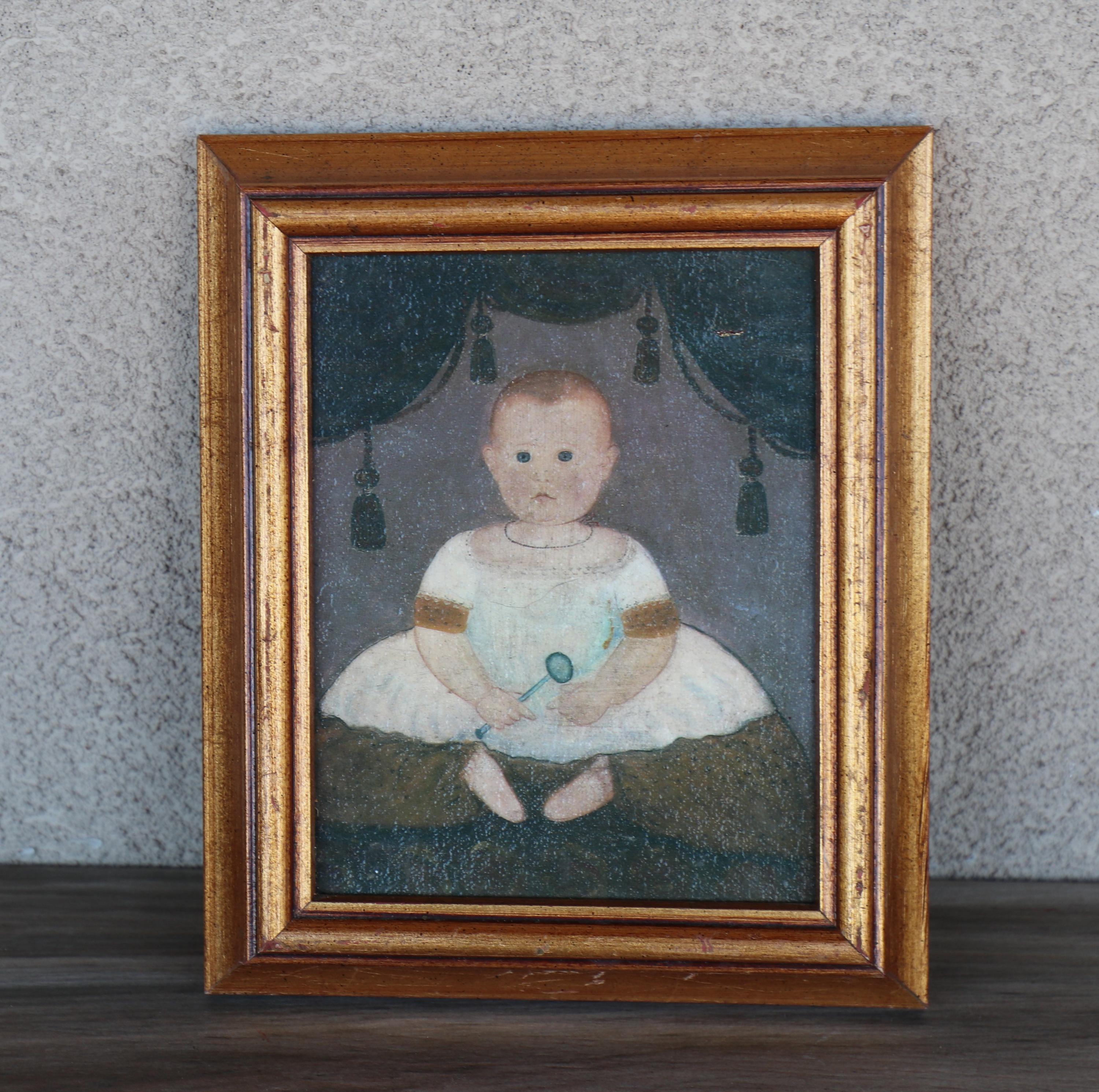 Adorable Baby With Rattle / Wall Decor/ Vintage Primitive 1840
