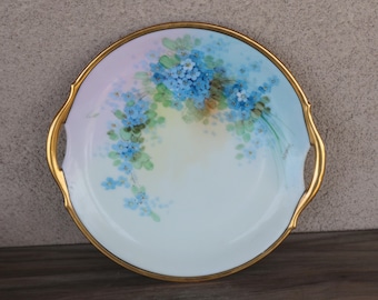 Antique Hand Painted Gold Trim FORGET ME NOT Blue Flowers Plate Bavarian Cottage Chic Floral Artist SIgned - Very Pretty for Spring