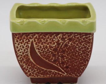 Vintage Art Pottery - Retro Little Planter - Mid Century Modern Shabby Cottage Chic USA 790 Textured Modernist Chartreuse Trim on Clay Brown