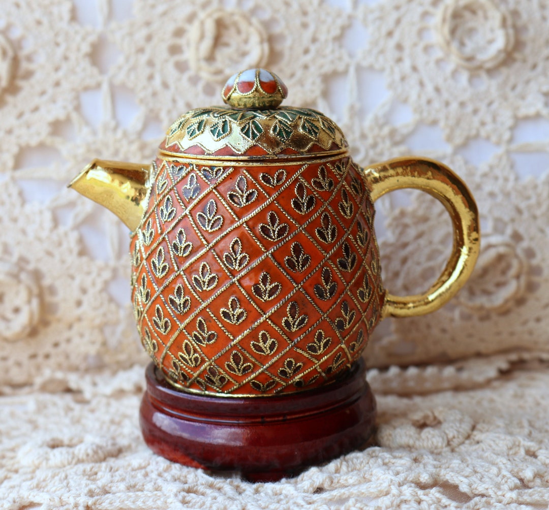 Darling Vintage MINIATURE TEAPOT Trinket Box With Asian Wood Base