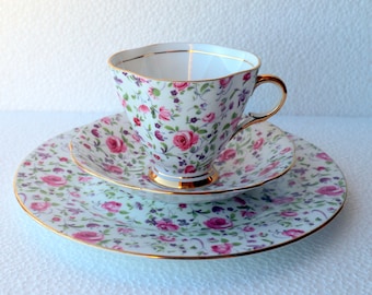 Lovely Vintage CHINTZ Tea Cup, Saucer & Plate Shabby Cottage Chic Pink Roses Purple Violets Floral Gold Trim Bone Porcelain Clarence England