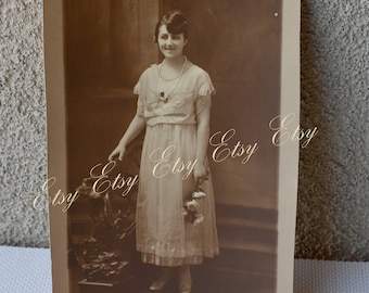 Beautiful Real Victorian "My First Evening Dress" PORTRAIT PHOTO Sepia Interesting Fashion Photograph Edwardian Hairstyle Roses in her Hand