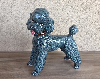 Vintage French Pom Pom POODLE Dog Figurine with Rare Gray Blue Glaze Mid Century Modern Retro Porcelain Shabby Cottage Chic Japan
