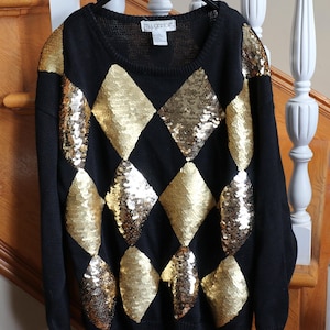 Fun Sparkly Vintage Harlequin Diamond 1990&#39;s Sequin Knit Sweater Size L Eclectic Cocktail Party Special Occasion Top - Fine Workmanship!