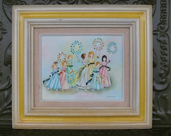 Lovely Dancing Fair Maidens with Floral Wreaths Vintage Painting Pretty Yellow Framed in Wood - Artist Signed Wall Hanging - 17 by 15 inches