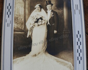 Fabulous 1920s Large WEDDING VINTAGE PHOTO Bride Top Hat Tails Groom Dress Long Train Lilies Bridal - Great Gatsby - Downton Abbey Art Deco