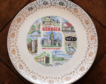 Lovely Vintage Gold Trimmed GEORGIA Empire State Souvenir Plate Atlanta Skull Lake Toccoa Falls St Simons Island Lighthouse Stone Mountain