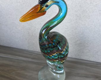 Handmade Glass Green HERON Bird Glass SCULPTURE Paperweight Figurine Murano Type Collectible