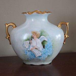 Gorgeous Vintage 6.5&quot; Porcelain CHERUB ANGEL Double-Handled Vase - Gold Detail Hand Painted Shabby Cottage Chic - Victorian - Vienna Austria