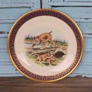 BOBCATS Lenox Collector Plate Wall Decor WOODLAND Wildlife Cobalt Blue Trim Designer Boehm 1980 8th in Series - Original Box BEAUTIFUL Gift