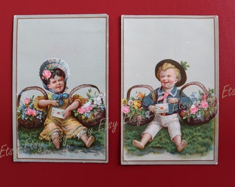 Antique 1880s Vintage Victorian Trade Trading Card Lot Collectible Ephemera Finely Dressed Baby Girl Boy Flower Baskets - Ready to be Framed